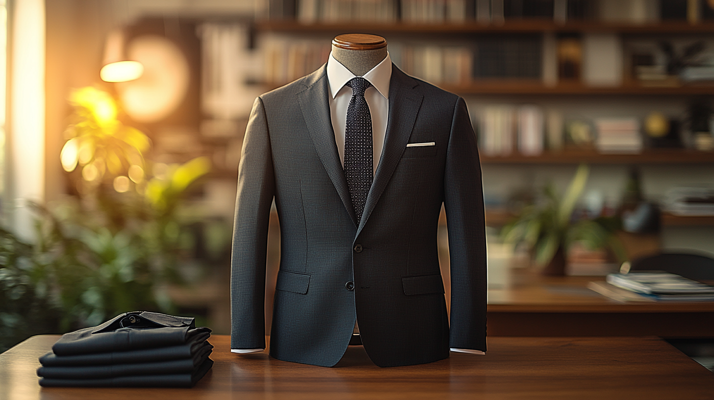 A black suit carefully folded on a well-organized office table. The setting is formal and sophisticated, with soft lighting and a modern office design that reflects professionalism and authority.