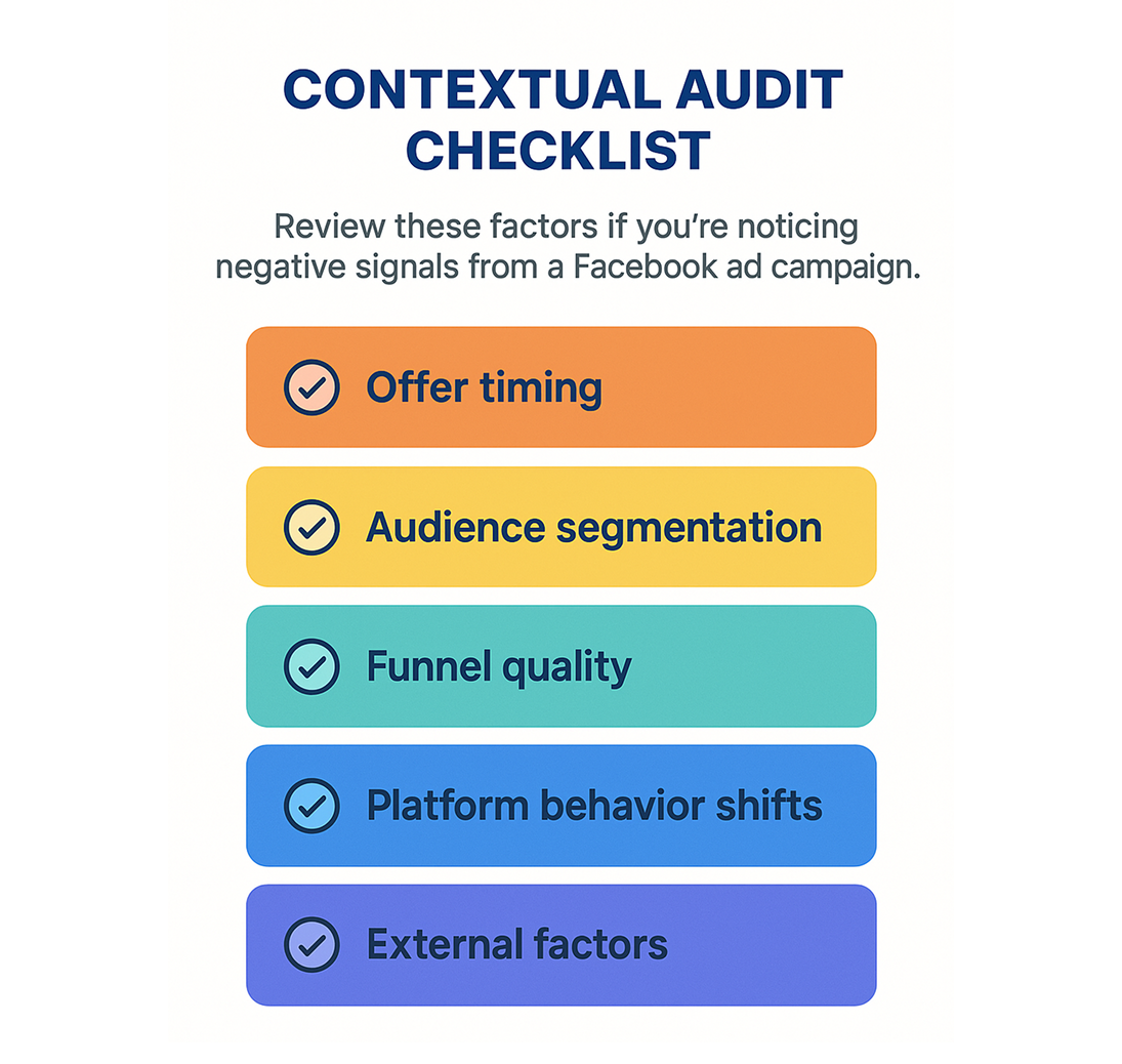 Colorful checklist infographic showing five contextual audit items for Facebook ad performance issues