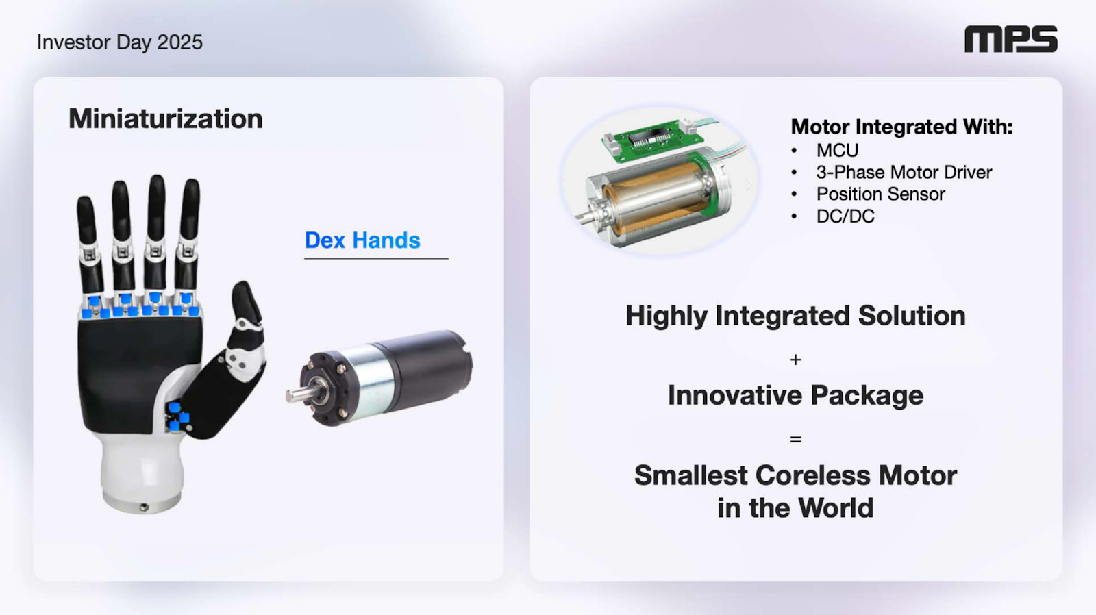 A slide showing Monolithic Power's motor and power module for humanoid robot hands.