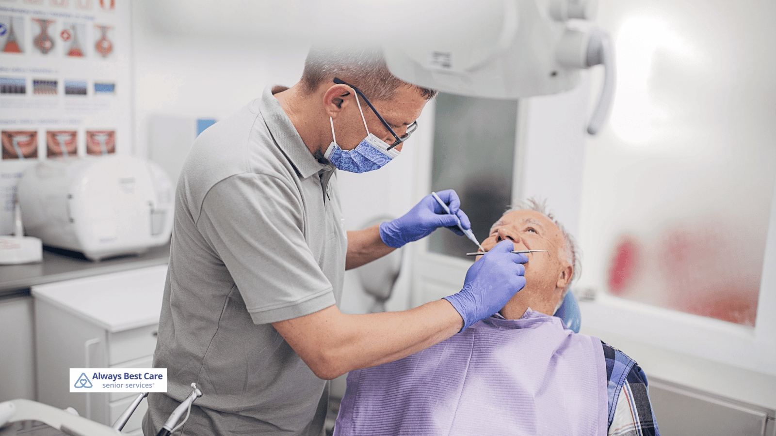 This image depicts a senior man receiving dental care