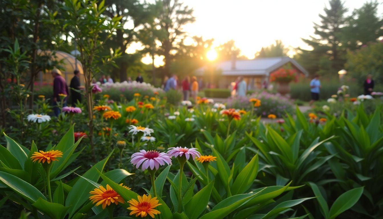 A photo of the Denver Botanic Gardens featuring vibrant plants and colorful flowers at sunset.