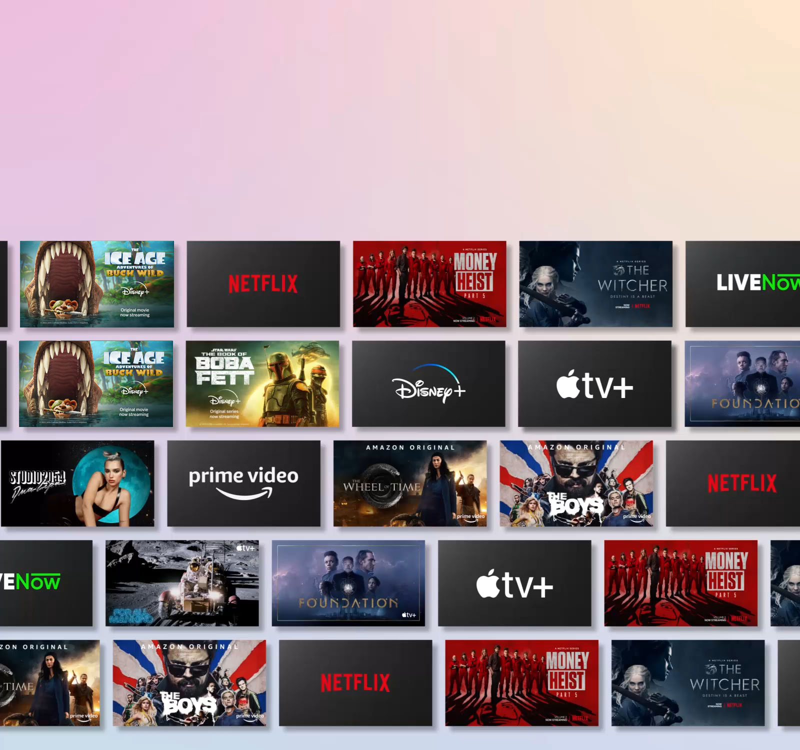 Rows of OTT content side-scrolls while displaying the OTT provider logo and the thumbnails of content offered.