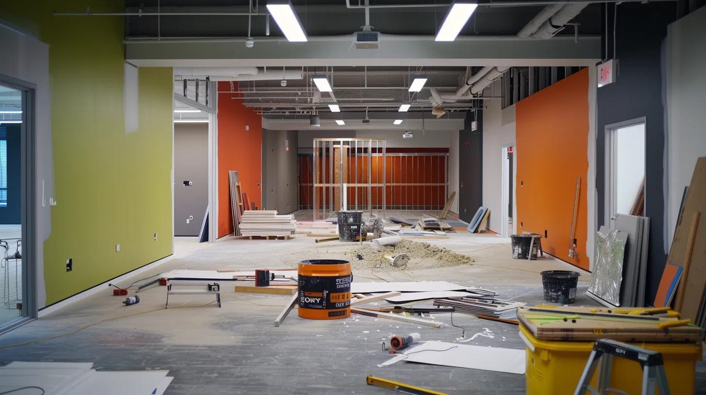 a modern office space undergoing renovation, featuring vibrant paint swatches, construction tools, and dynamic lighting that highlights the transformative project scope, conveying a sense of progress and renewal.