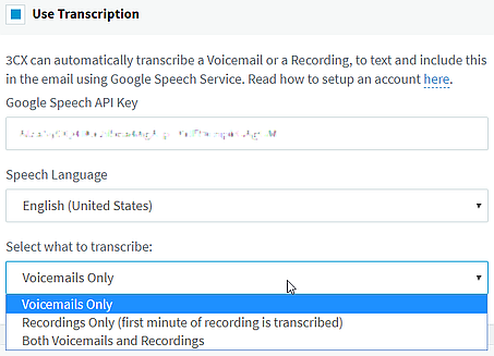 Enable voicemail transcription options in 3CX voicemail settings