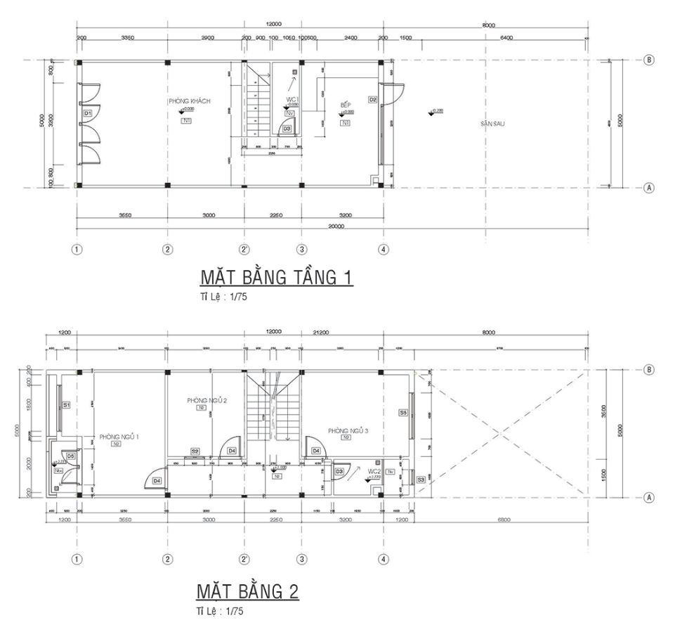 Mặt bằng nhà phố 1 trệt 1 lầu