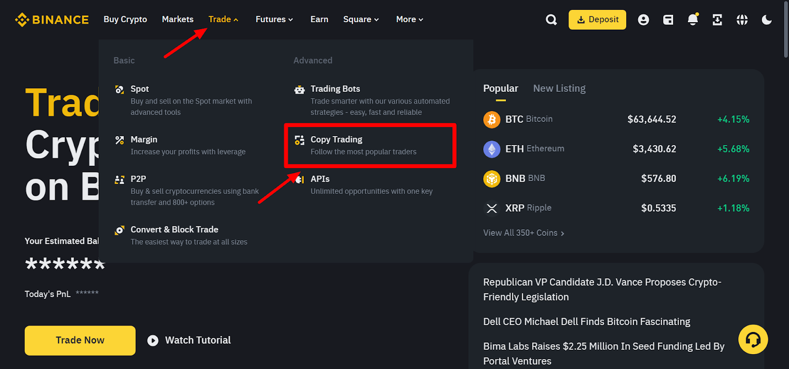 Binance interface highlighting the steps to access the 'Copy Trading' feature under the 'Trade' menu.