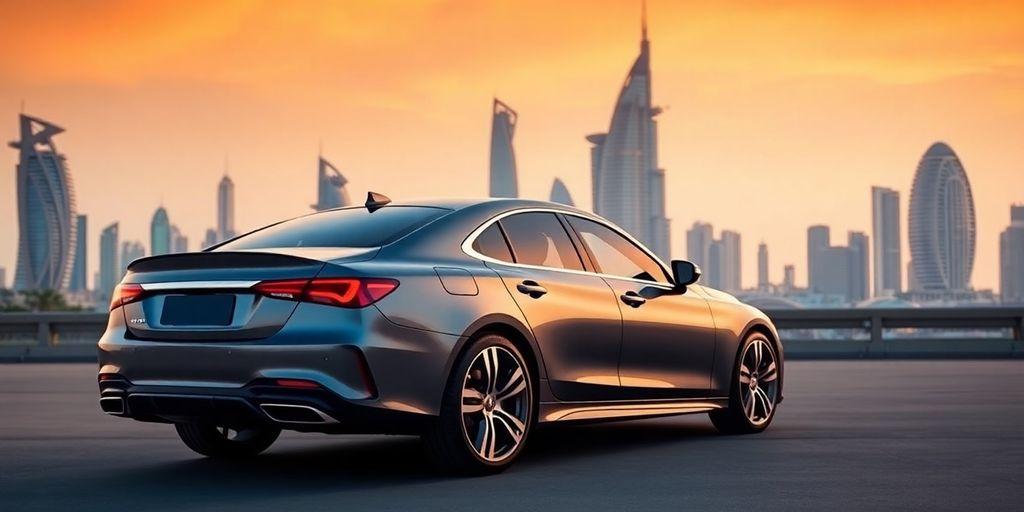 Luxury car in Dubai with city skyline backdrop.