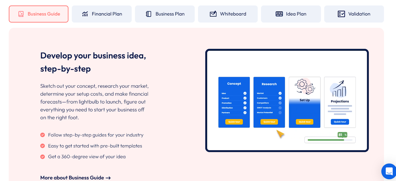 Features of IdeaBuddy, an AI tool for business planning