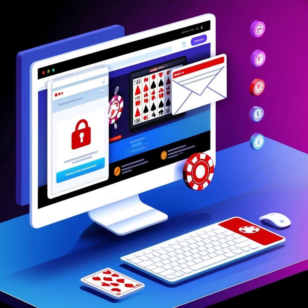 A computer screen displaying an online gambling website with a suspicious email notification in the corner