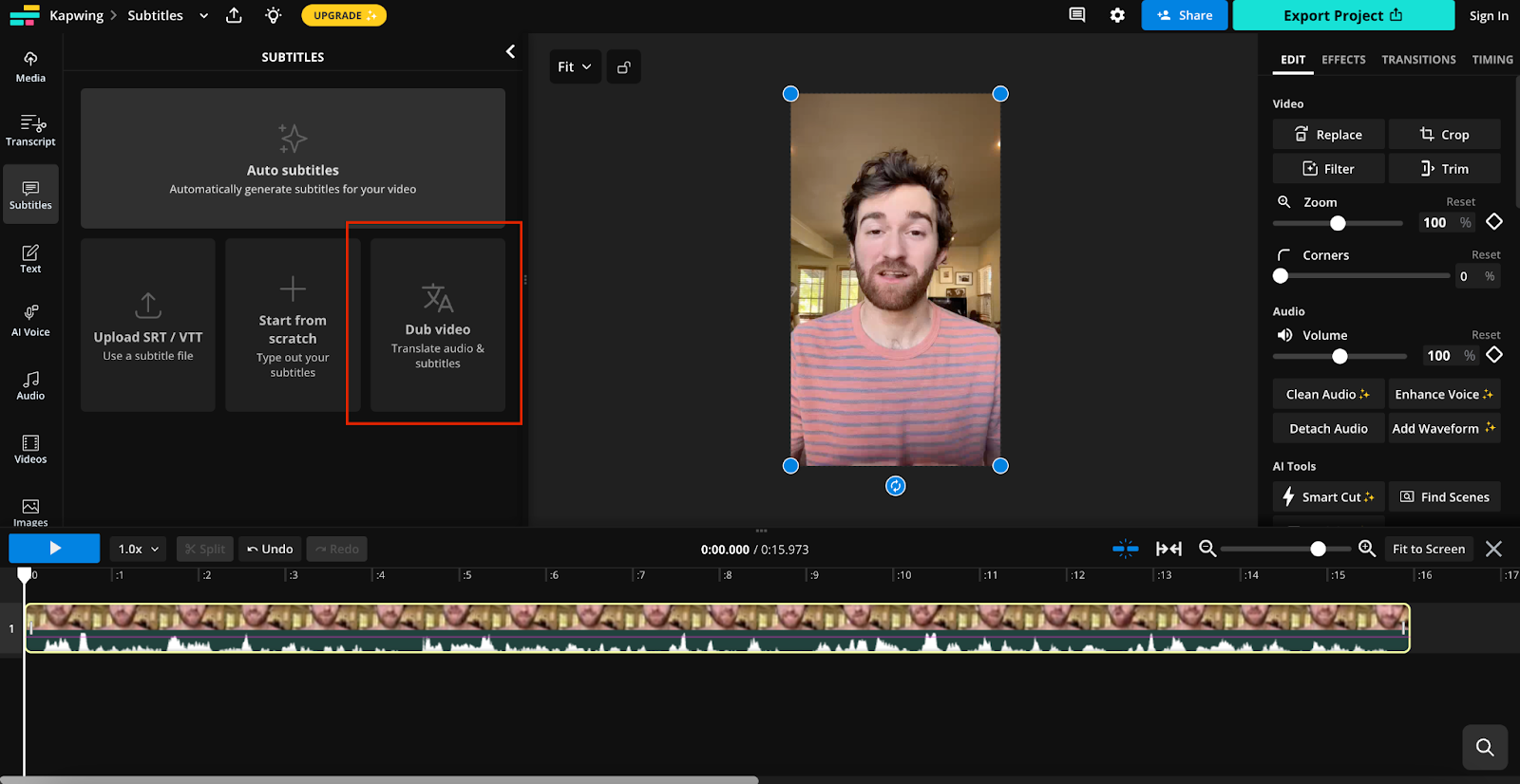 Under "Subtitles," there is now a red box around the "Dub video" option. 
