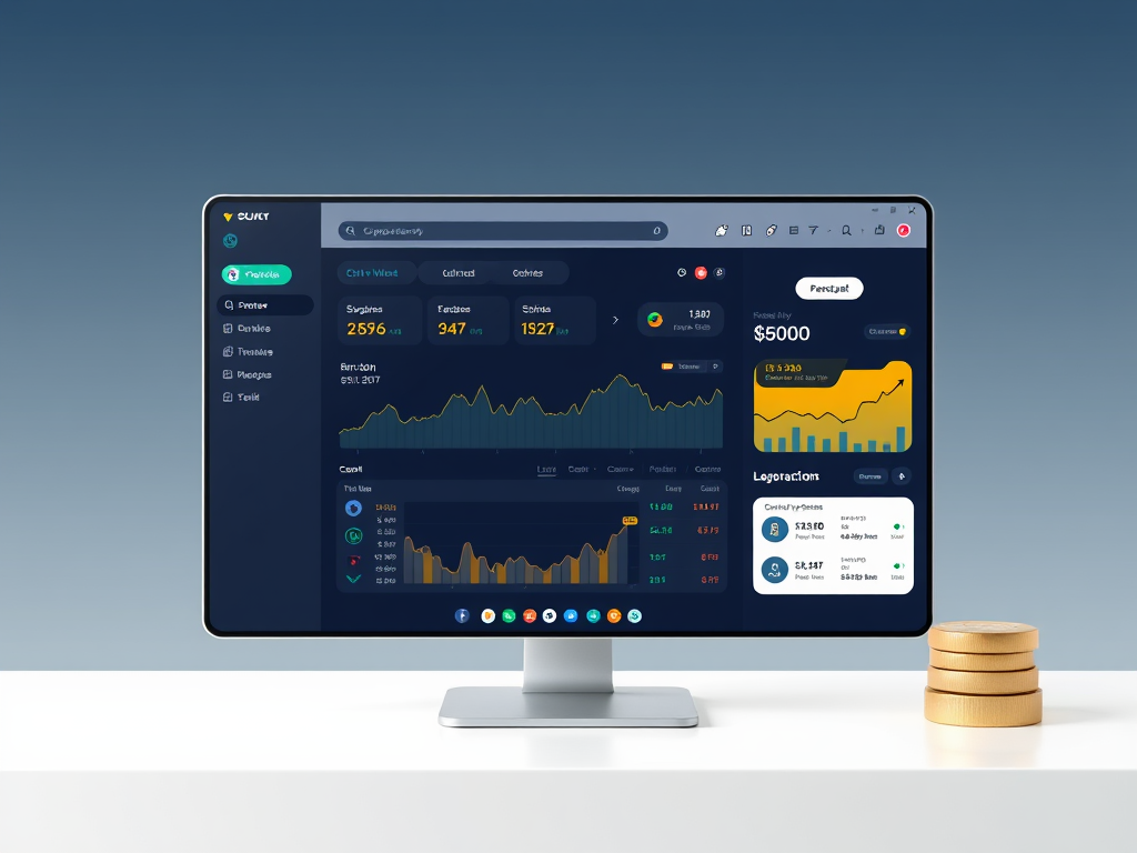 Create a realistic image of a customizable user interface for a cryptocurrency wallet software, showing a sleek desktop screen with modular widgets, color scheme options, and layout customization tools. The interface should display cryptocurrency balances, charts, and transaction history in a modern, clean design.