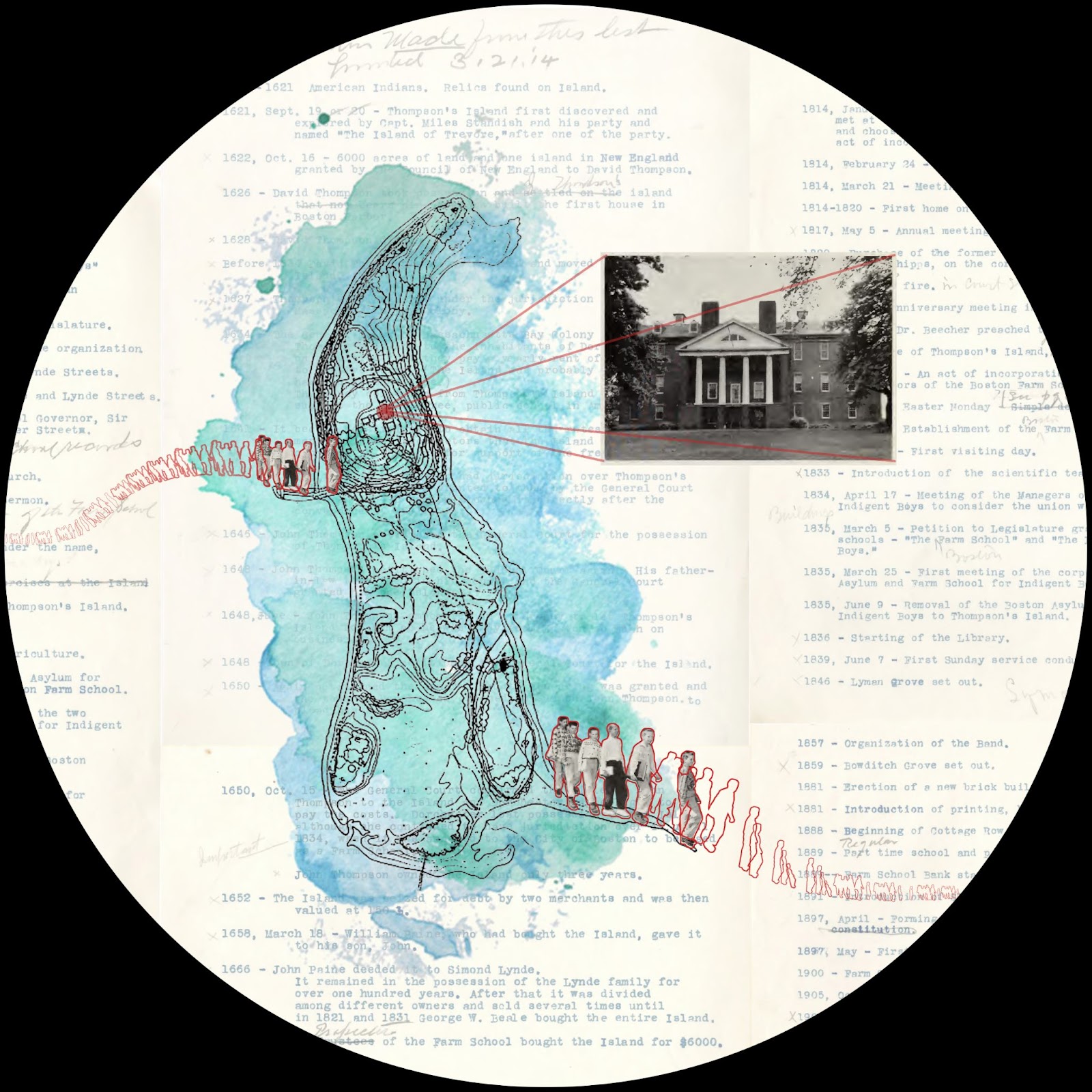 Image of artwork by Margaret Hart, featuring materials pulled from the Thompson Island Farm and Trade School collection at UMass Boston. Includes a collage of text beneath a drawing of Thompson Island, a photograph of a building, and outlines of students.