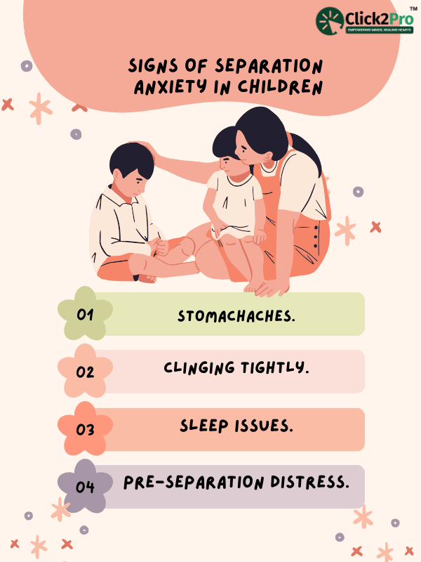 Infographic: Key Signs of Separation Anxiety in Children - Stomachaches, Clinging, Sleep Issues, Distress