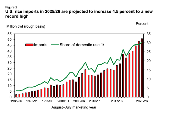 A graph showing an increase in U.S. rice imports over time.