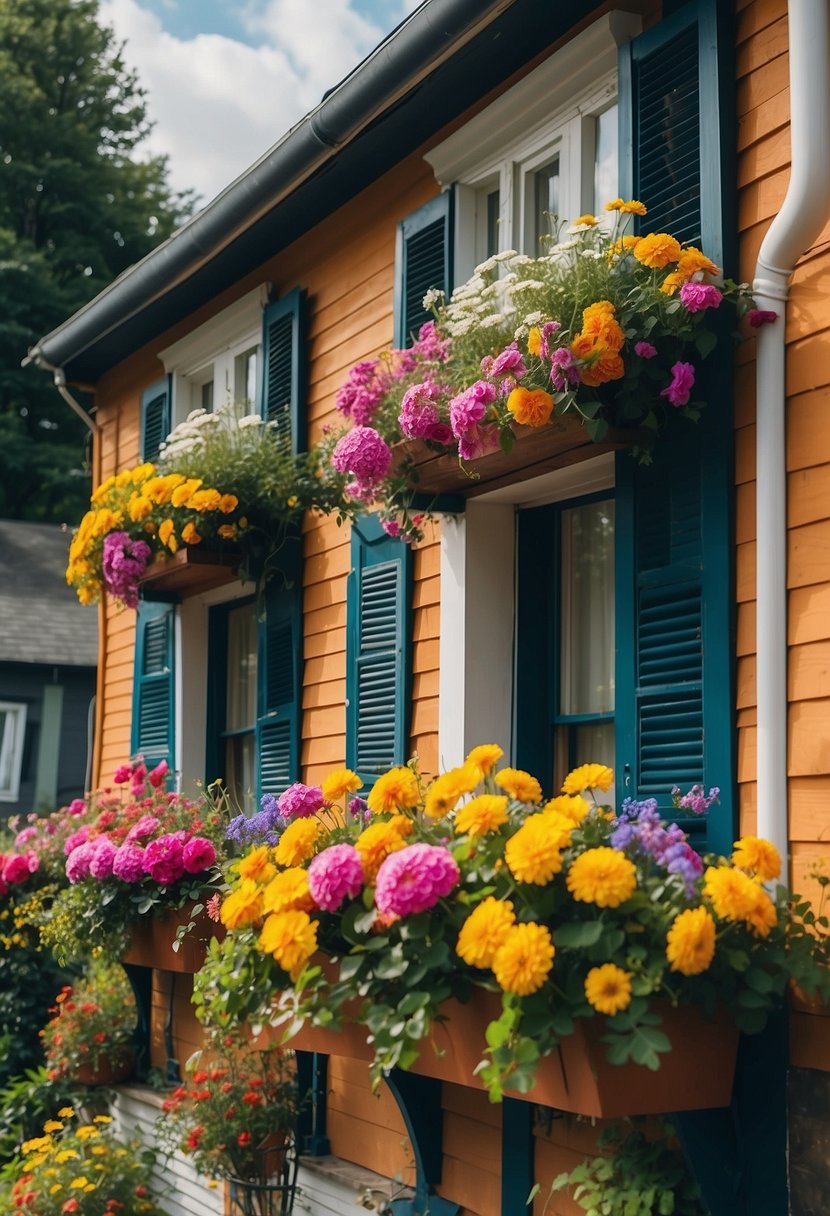 Vibrant flowers spill over window boxes, adding color to a charming house facade. Greenery surrounds the windows, creating a picturesque front yard landscape