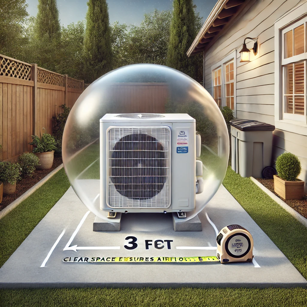 Mini-split HVAC unit with 3-foot clearance around it, shown with tape measure and no airflow obstructions