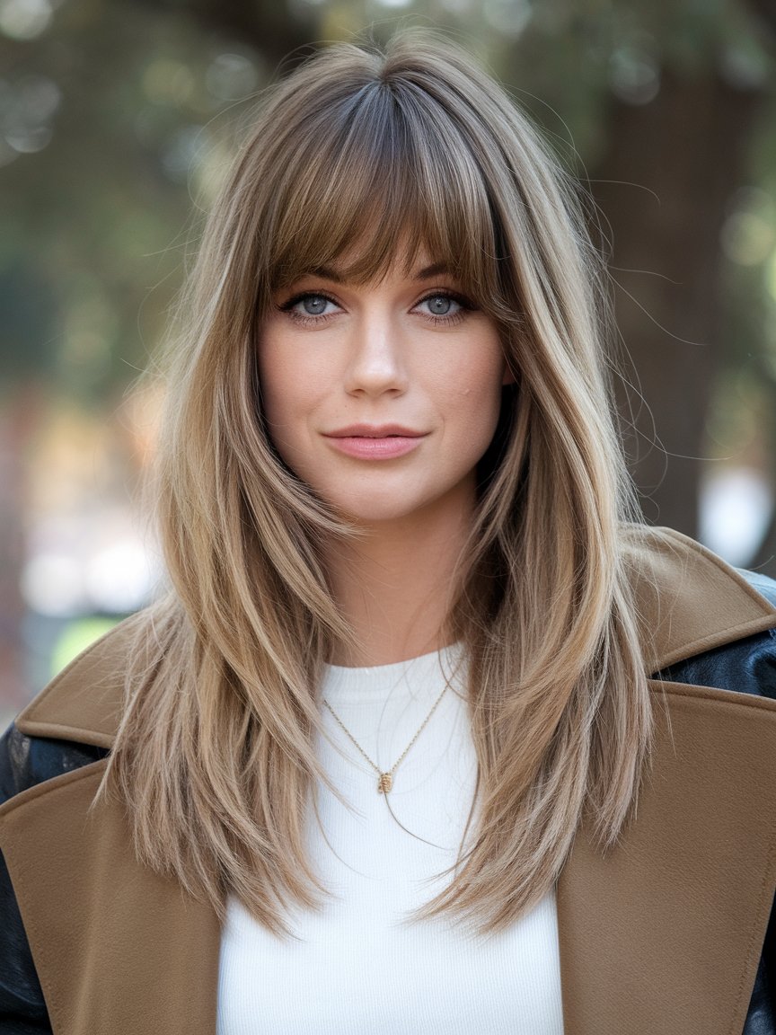 46. Long Blunt Layers with Long Bangs