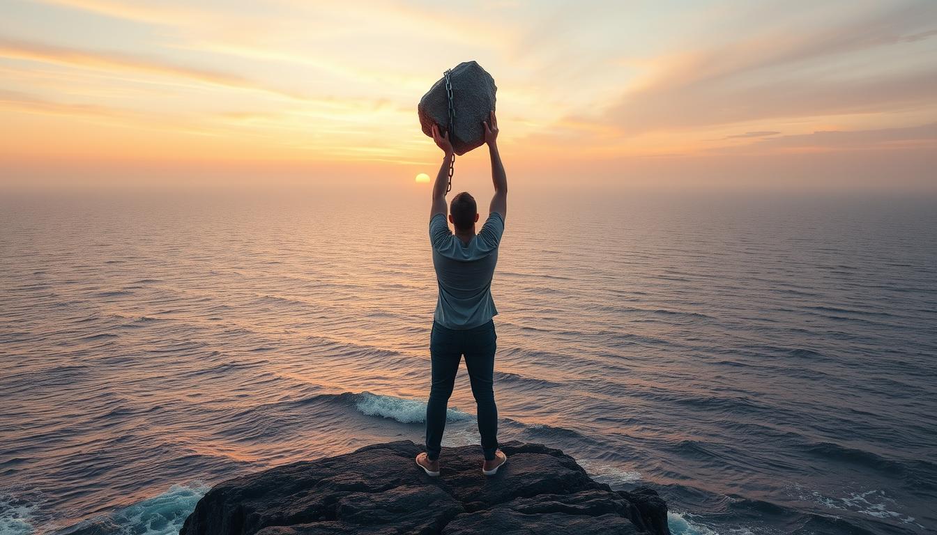 A person standing at the edge of a cliff, looking out towards a vast ocean. They are holding onto a heavy rock with chains wrapped around it. The person starts to lift the rock over their head, preparing to release it into the water below. As they let go, the chains break free and the rock disappears into the depths of the ocean. The person stands in front of the open expanse, feeling light and free without the weight of the rock and chains. The sunset sky behind them glows with warm oranges and purples, symbolizing a bright future ahead.