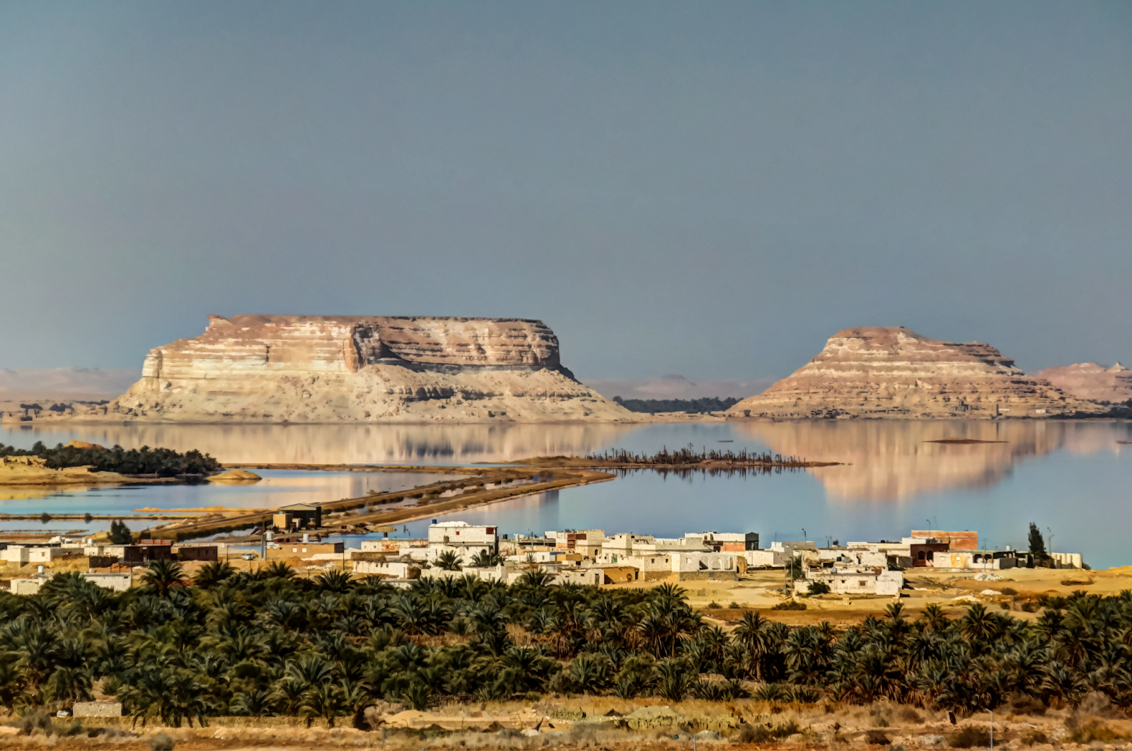 A panoramic view of the Siwa Oasis in Egypt, showcasing the salt pans, the mountains, and the palm trees.