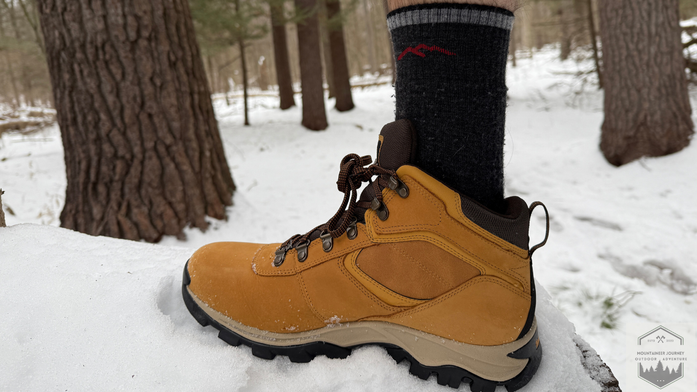 Timberland Mt Maddsen showing with Darn Tough Hiker Socks In snow