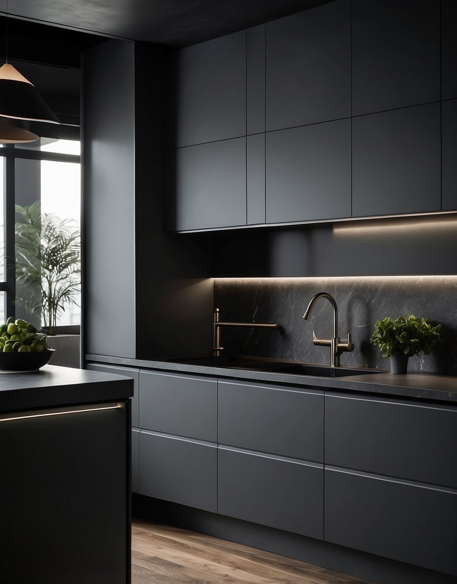 Dark gray kitchen cabinets in charcoal shade, sleek and modern, with clean lines and a matte finish