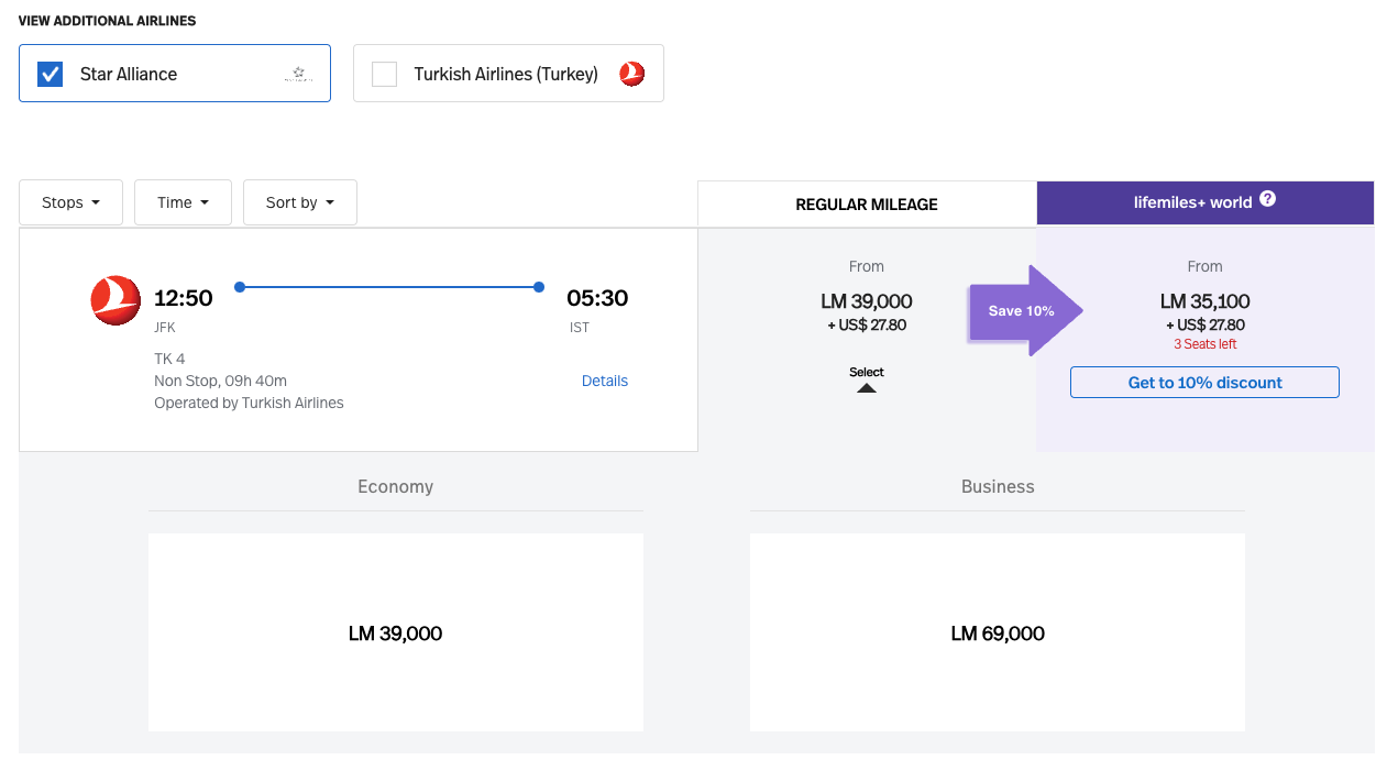 flight search via LifeMiles