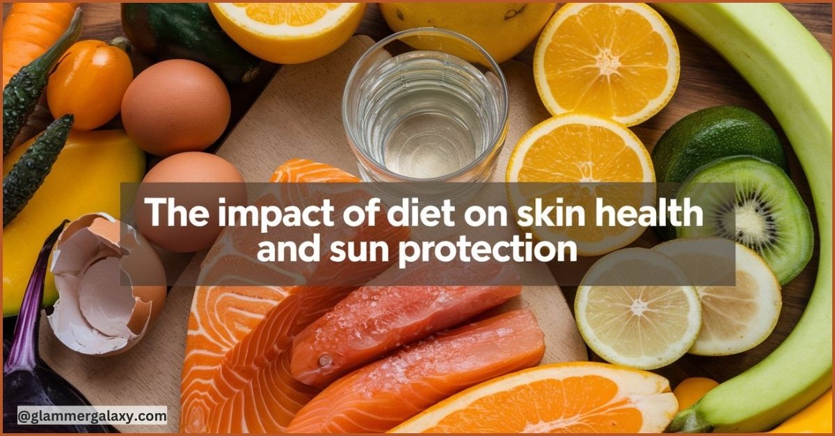 Various fruits, eggs, salmon, and water with text on diet’s impact on skin health.