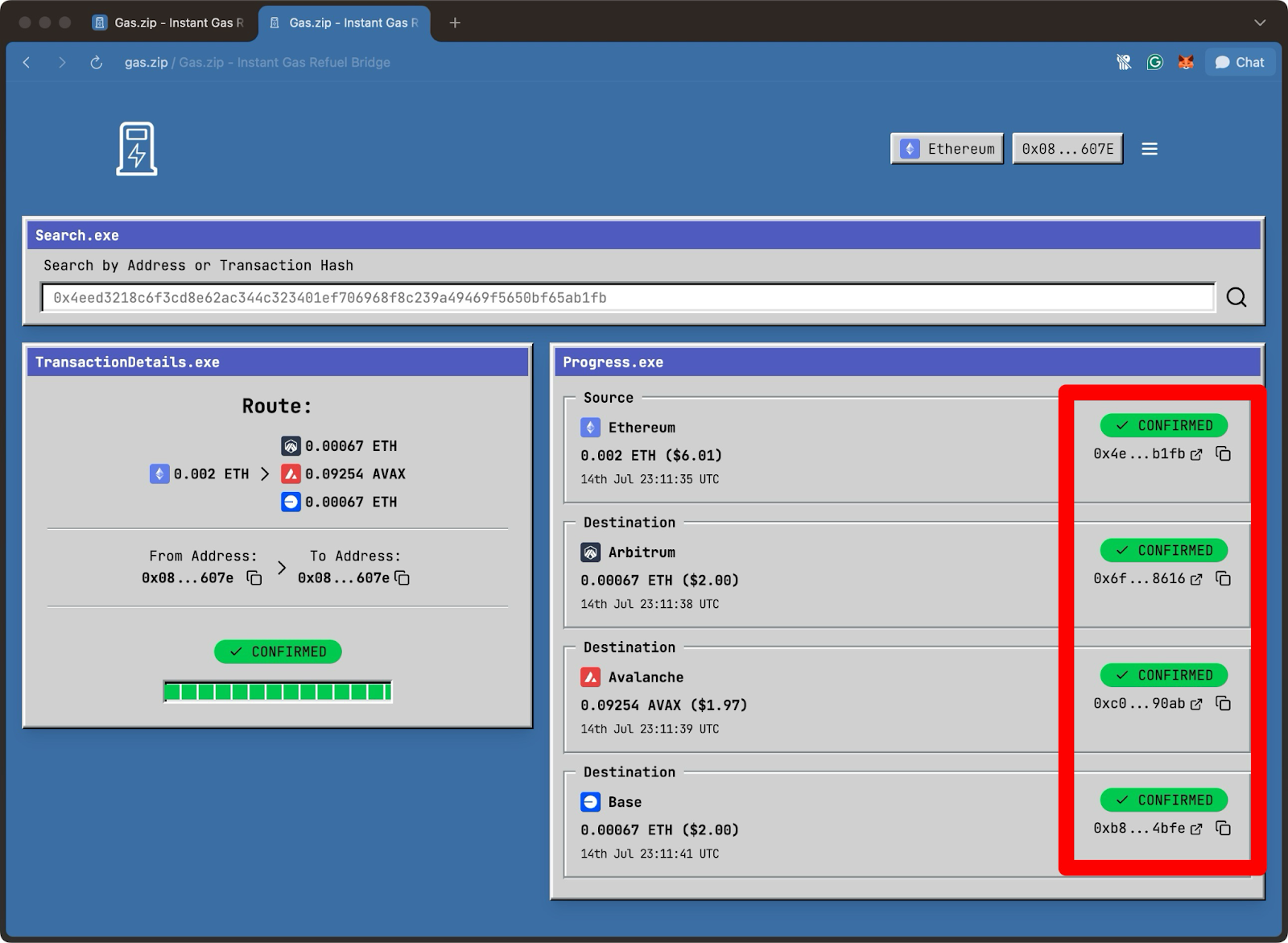 Gas.zip transaction tracker displaying confirmed multichain gas transfers from Ethereum to Arbitrum, Avalanche, and Base with timestamps, amounts, and transaction hashes.