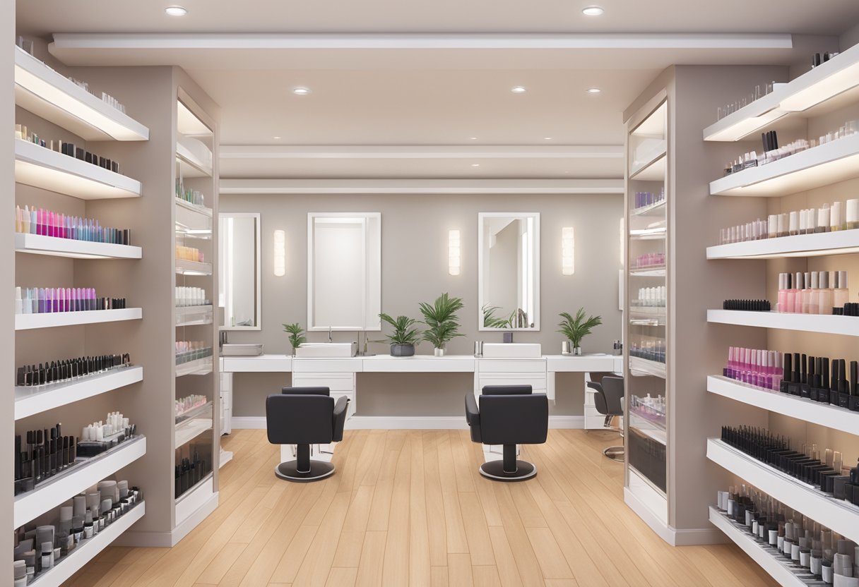 A serene salon setting with various lash extension options displayed on shelves, alongside professional application and maintenance tools