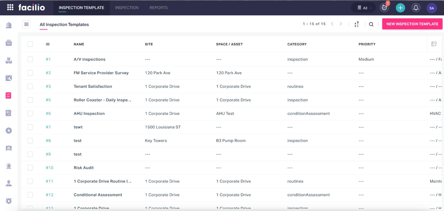 Inspection templates showing the type of inspection, asset under scrutiny and priority levels for each assessment type.