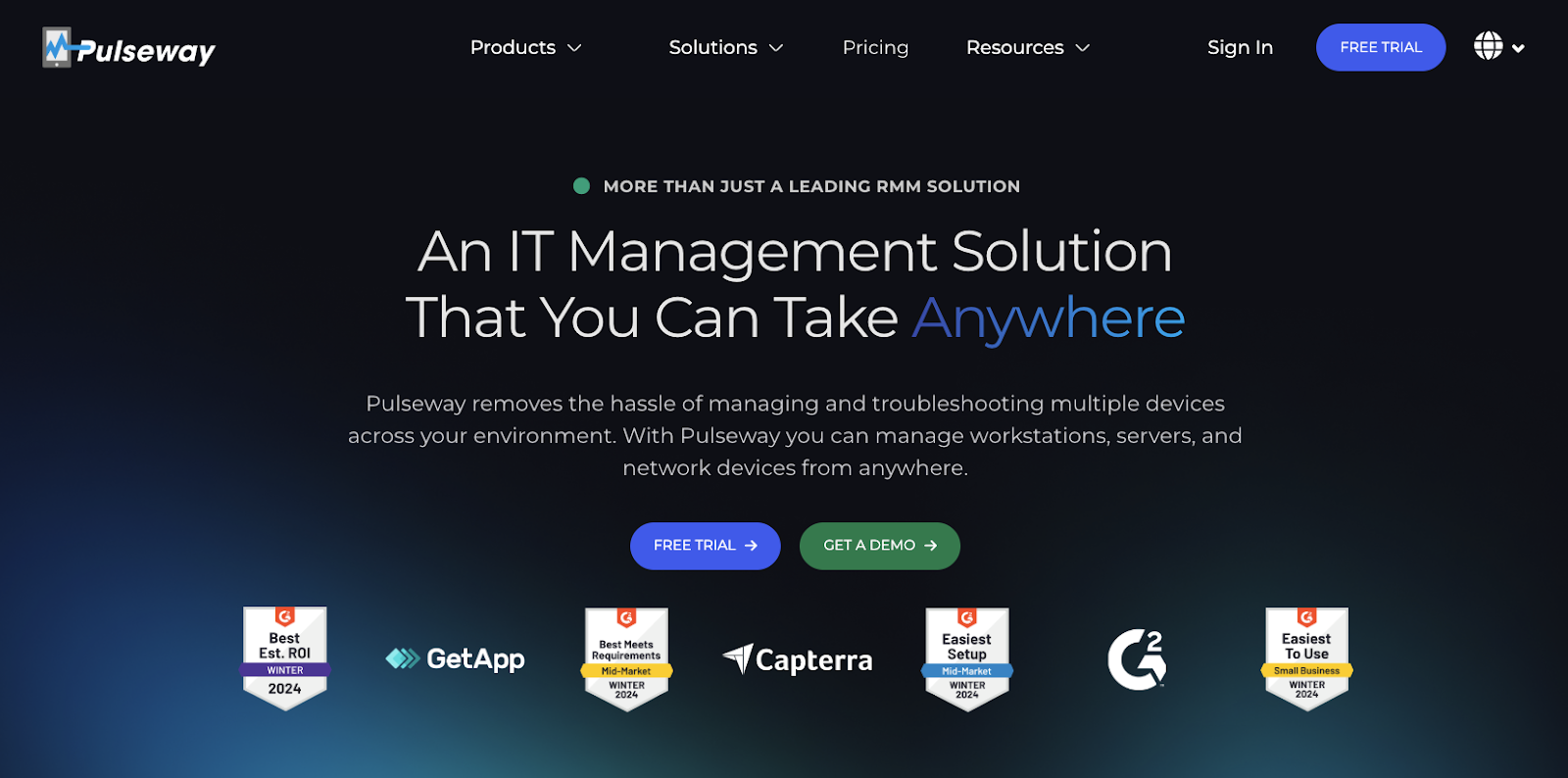 Screenshot of Pulseway - Best for remote IT reporting on mobile. It says, "An IT Management Solution that you can take anywhere."