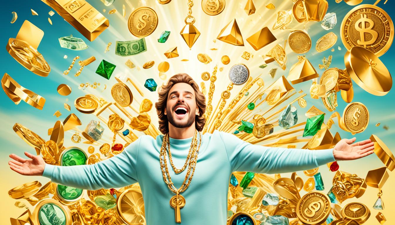 An image of a person surrounded by symbols of abundance and prosperity, such as money, jewels, and a luxurious lifestyle. The person is standing confidently with their arms outstretched, as if they are grateful for all the wonderful things they have manifested in their life. The background should be glowing with a warm golden light, representing the positive energy and vibrations that come with successful manifestation.