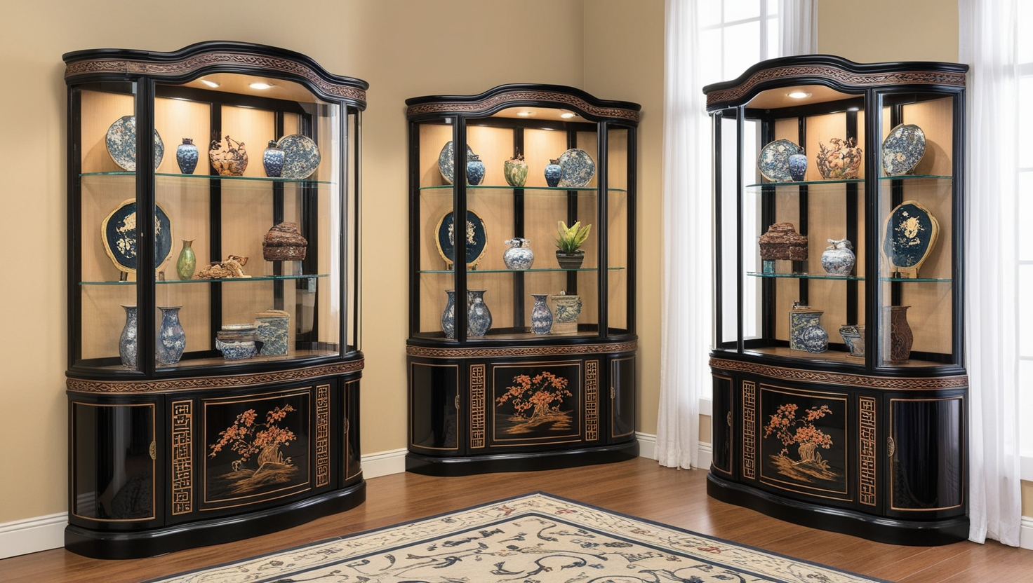 Curio Display Cabinet Oriental with Curved Glass Corner