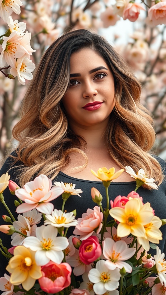 A woman with softly blended ombre hair surrounded by flowers, representing spring hairstyles for plus size women.