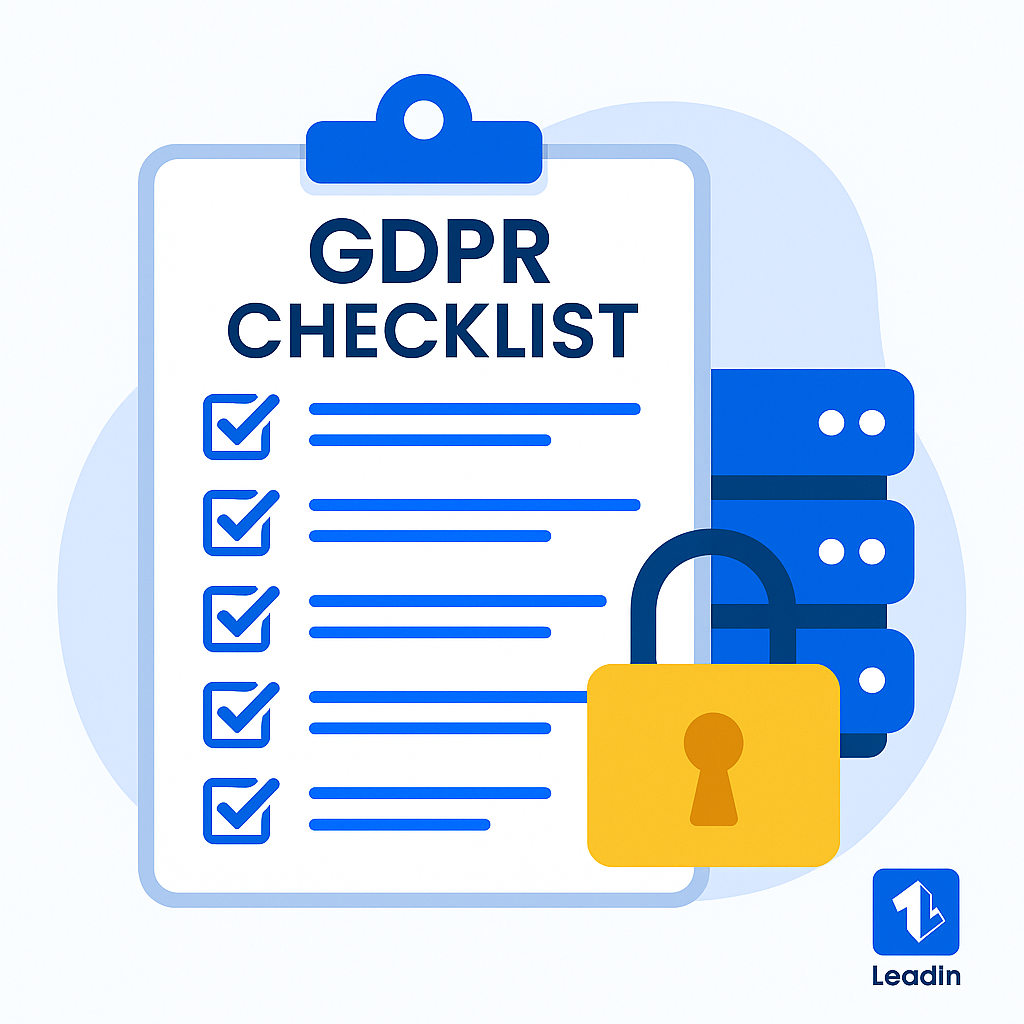 GDPR checklist on clip, yellow padlock, servers in background.