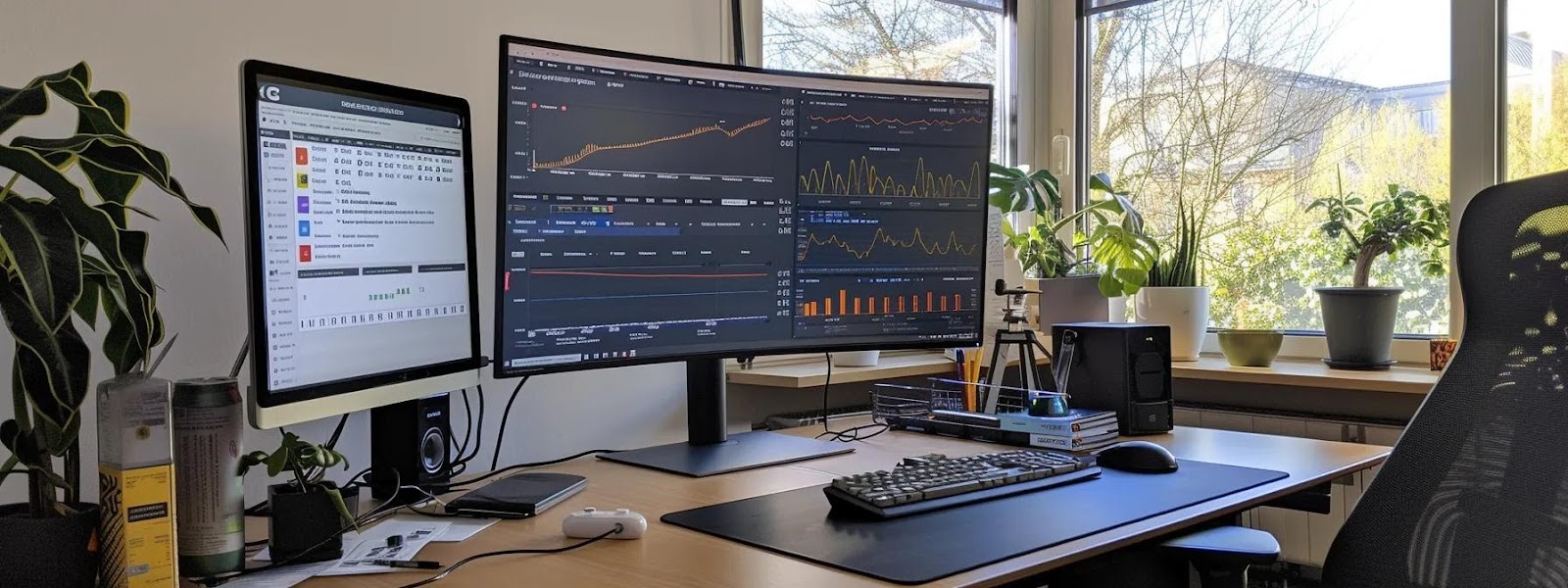 a focused office workspace displays a sleek computer screen filled with detailed graphs and data visualizations showing an internal link audit process, surrounded by wires and analytical tools, illustrating the meticulous examination of a website's hyperlink structure.