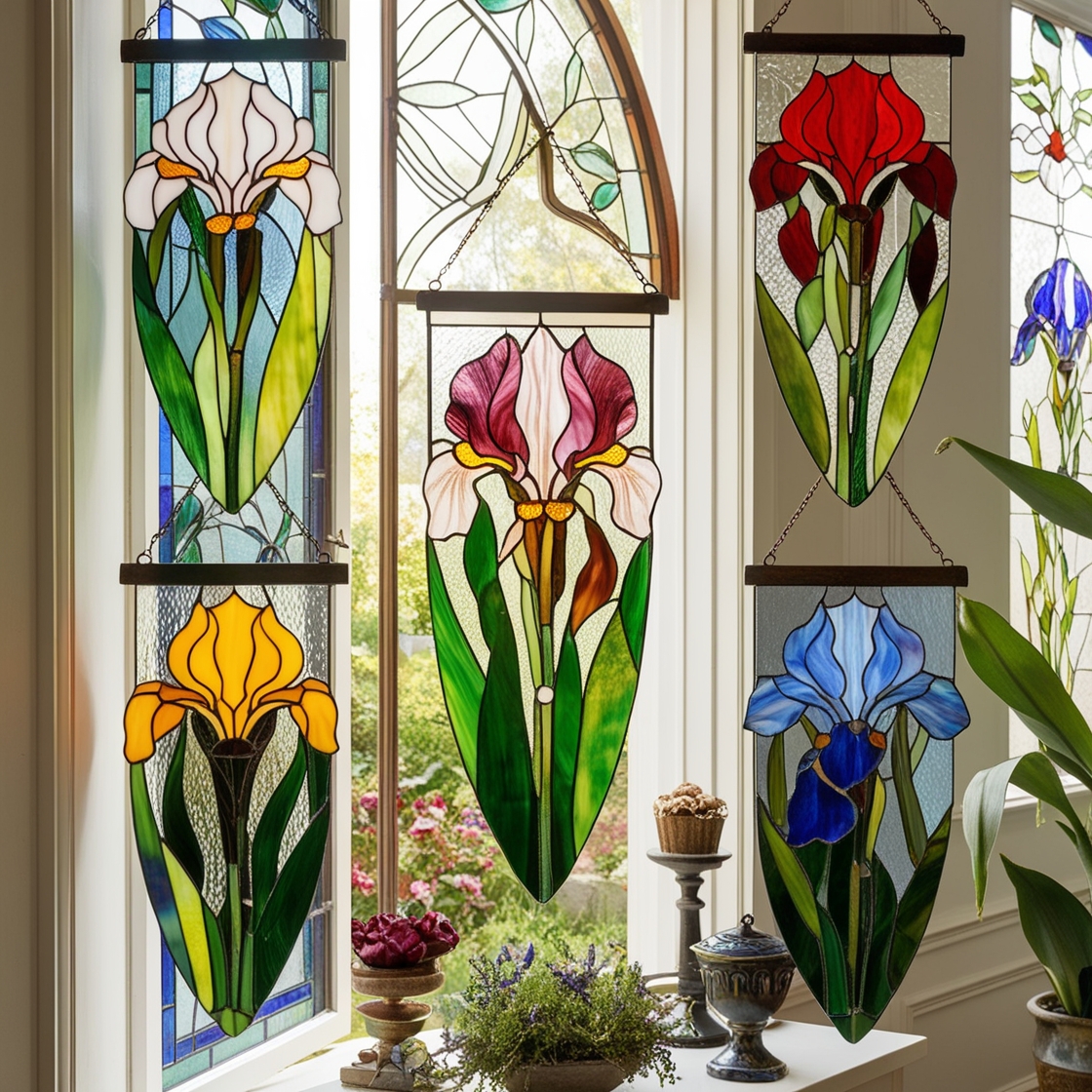 MMA Iris stained glass hangings