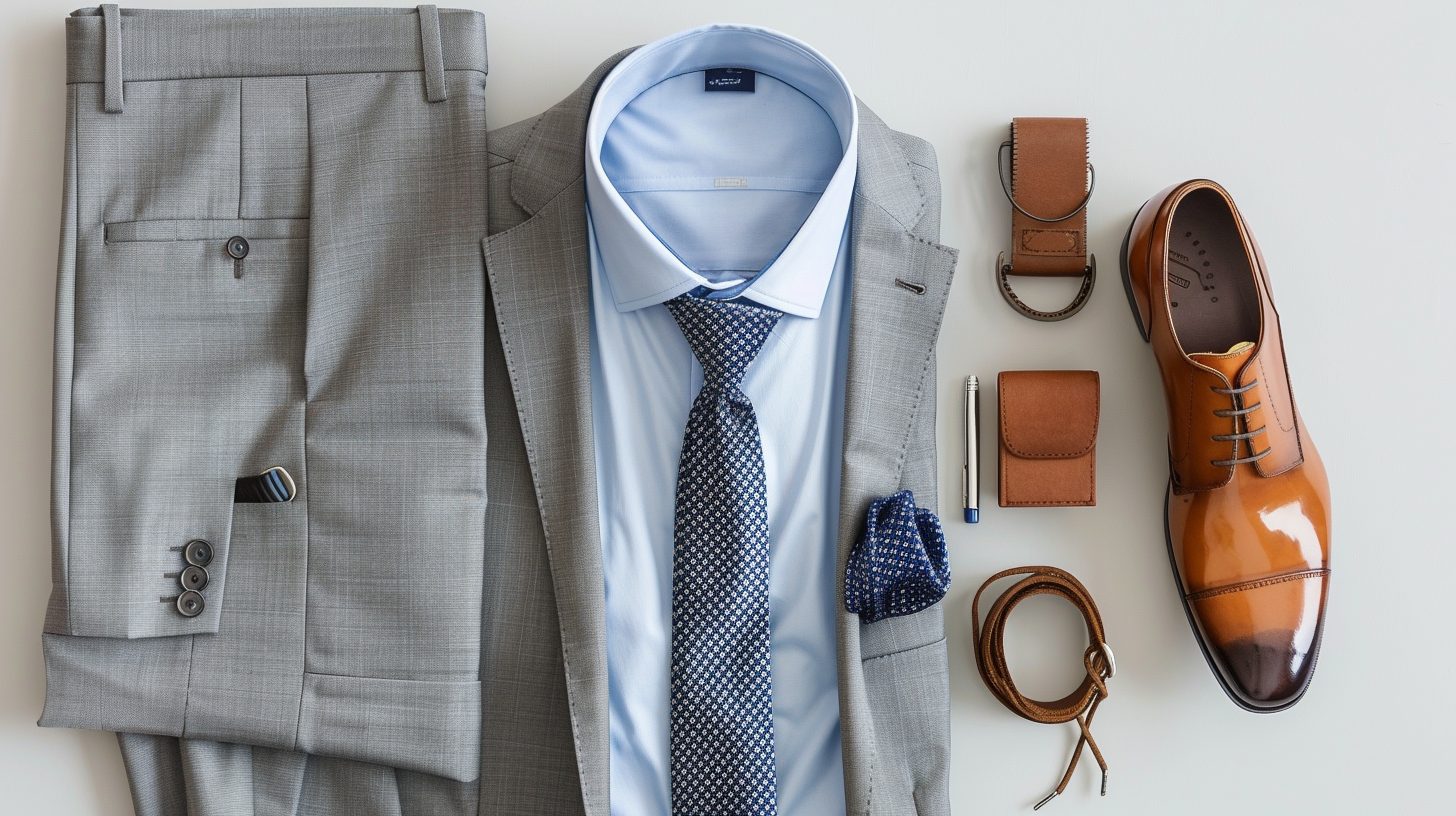 Design a versatile business or semi-formal look featuring a medium grey suit with walnut or medium brown shoes. Include a light blue or white shirt, a navy or patterned tie, and minimal accessories. The outfit should look clean, adaptable, and confident