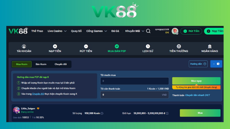 Giao dịch P2P trên nhà cái VK88
