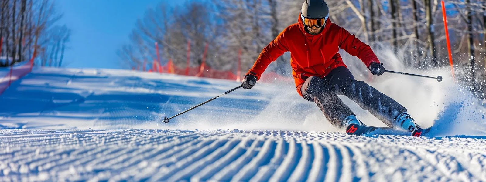 a skier confidently carving down a snow-covered all-mountain slope, surrounded by breathtaking mountain scenery.