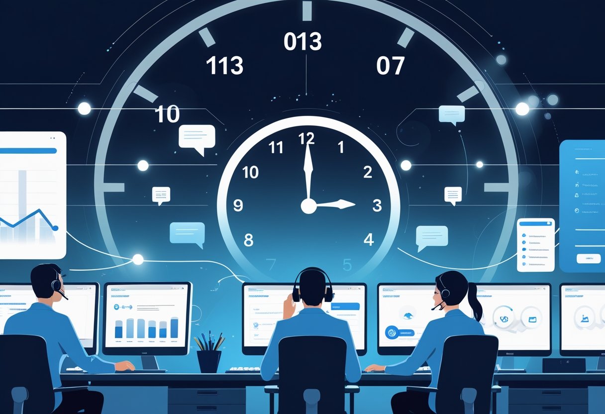 An office with customer support agents working at computers around the clock, with a large clock showing day and night in the background.