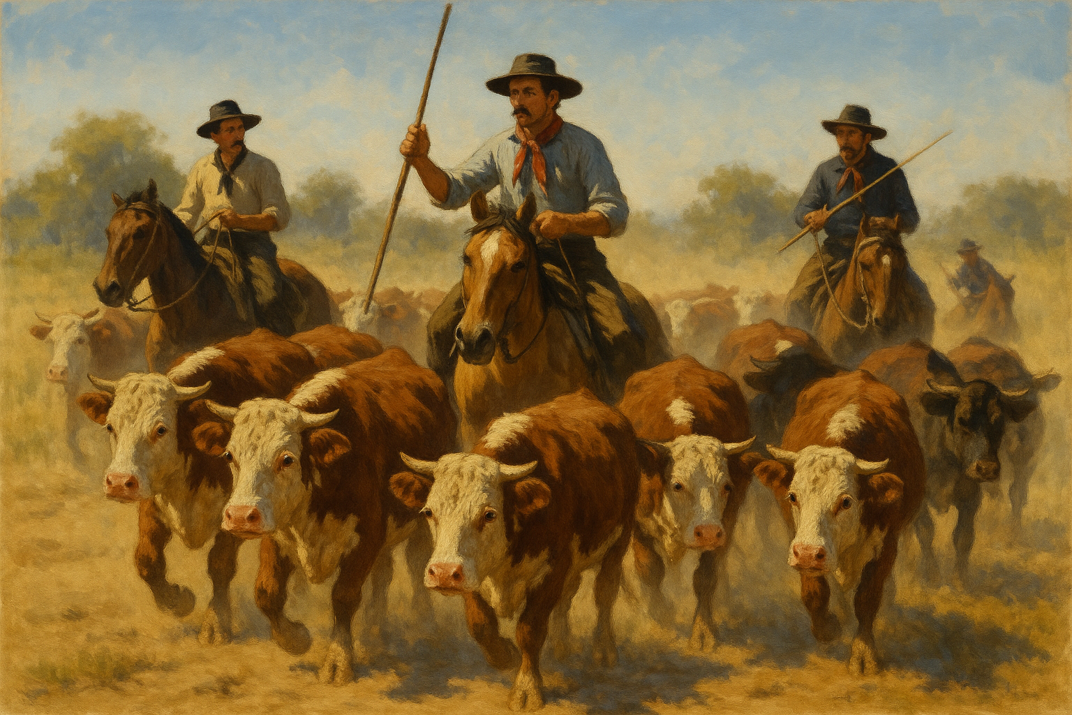Ilustración de gauchos a caballo, trabajando con ganado Hereford