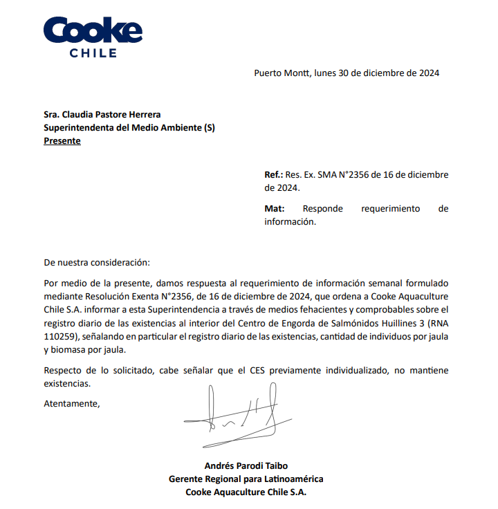 Carta remitida por Cooke a la SMA. Fuente: Snifa.cl