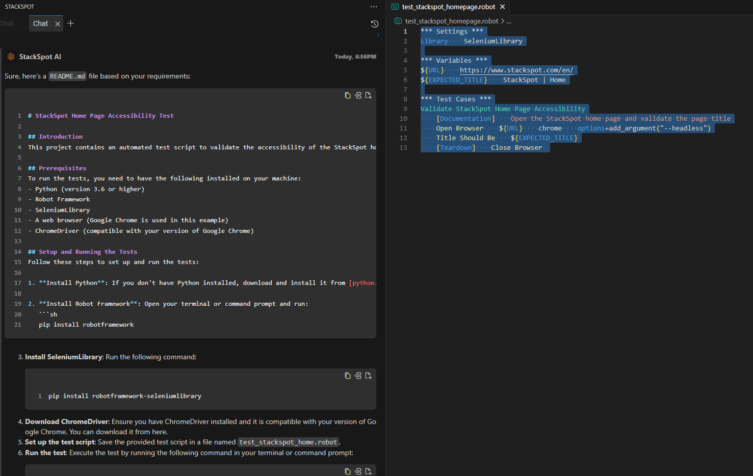 Image from the article on Web test automation. On the left, we have part of the Vs Code IDE snippet with the Quick Command response, and on the right, all the selected code.