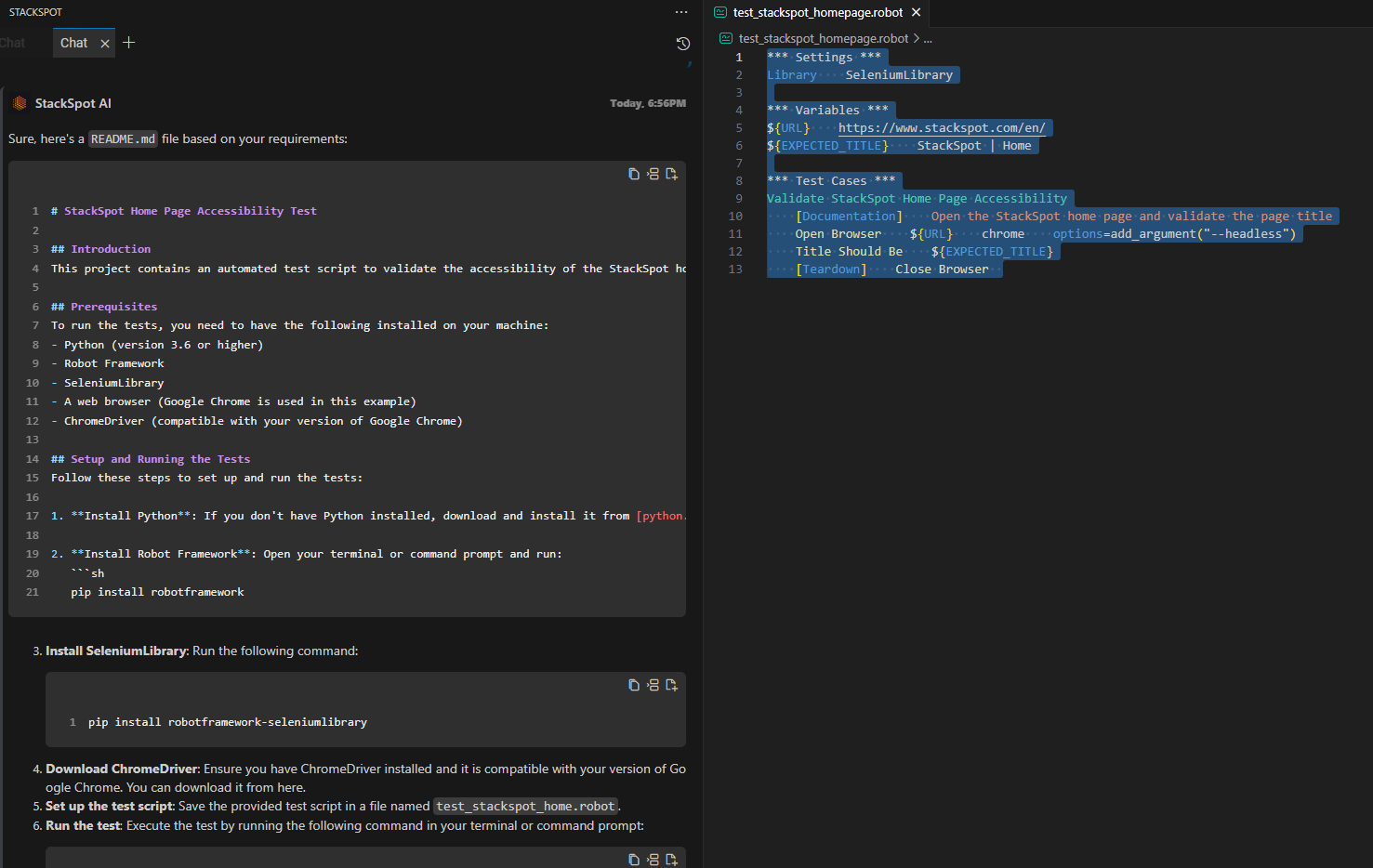 On the left, we have part of the Vs Code IDE snippet with the Quick Command response, and on the right, all the selected code.