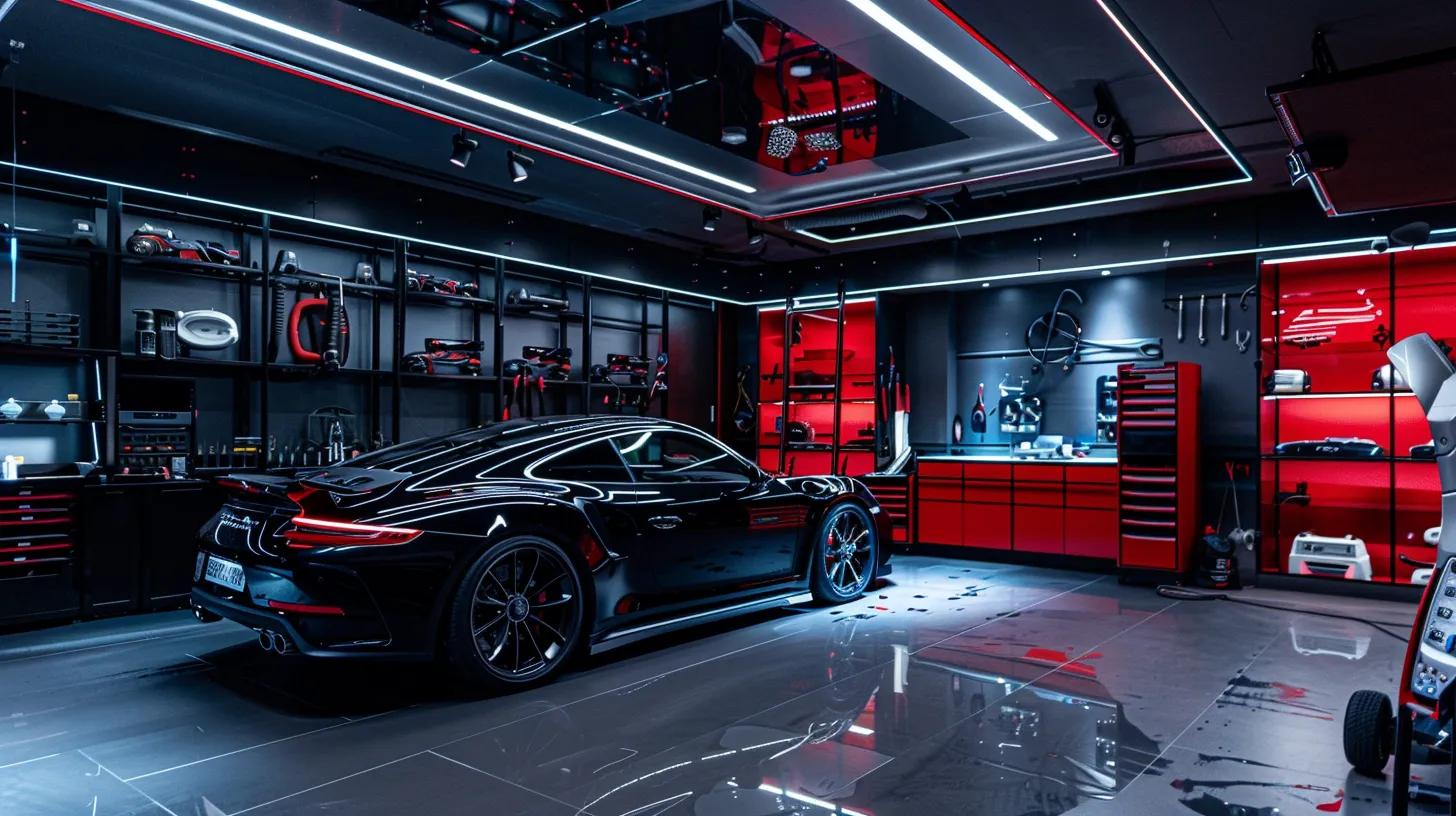 a sleek automotive detailing studio showcases a high-end car enveloped in a glossy ceramic coating, with well-organised tools and display panels highlighting the durability and maintenance of paint protection film, radiating an aura of professionalism and expertise.