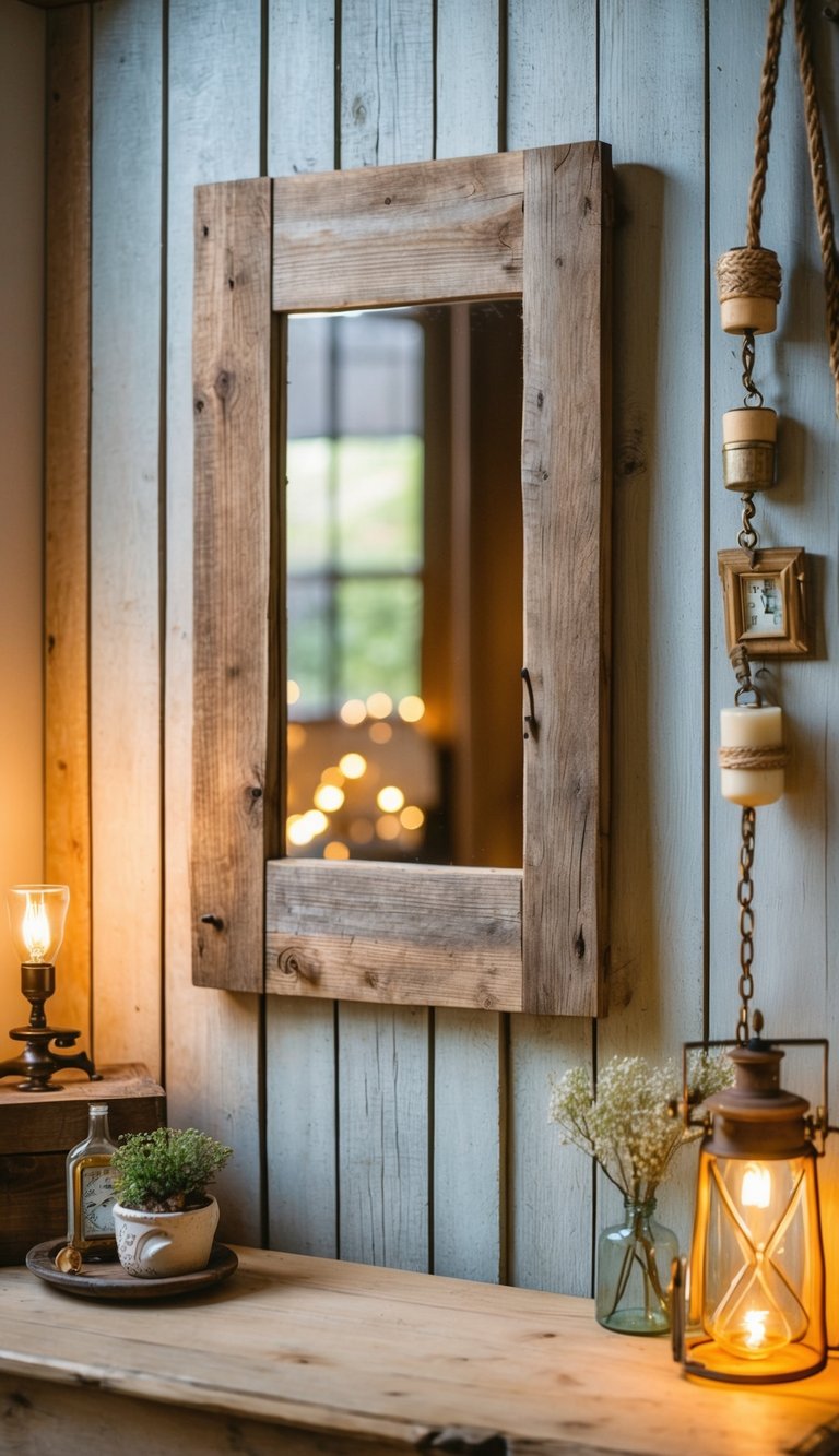 A rustic barnwood mirror hangs on a weathered wooden wall, surrounded by vintage farmhouse decor and soft, warm lighting