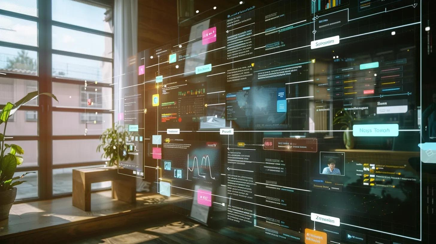 A CRM dashboard (like HubSpot, Salesforce, or Zoho) with AI-enhanced features highlighted—automated task suggestions, lead nurturing alerts, and personalized contact recommendations. Arrows show AI syncing across departments.