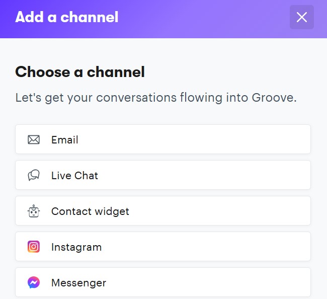 Select from Instagram, Facebook, different email domains, or a live chat widget to funnel support into Groove.