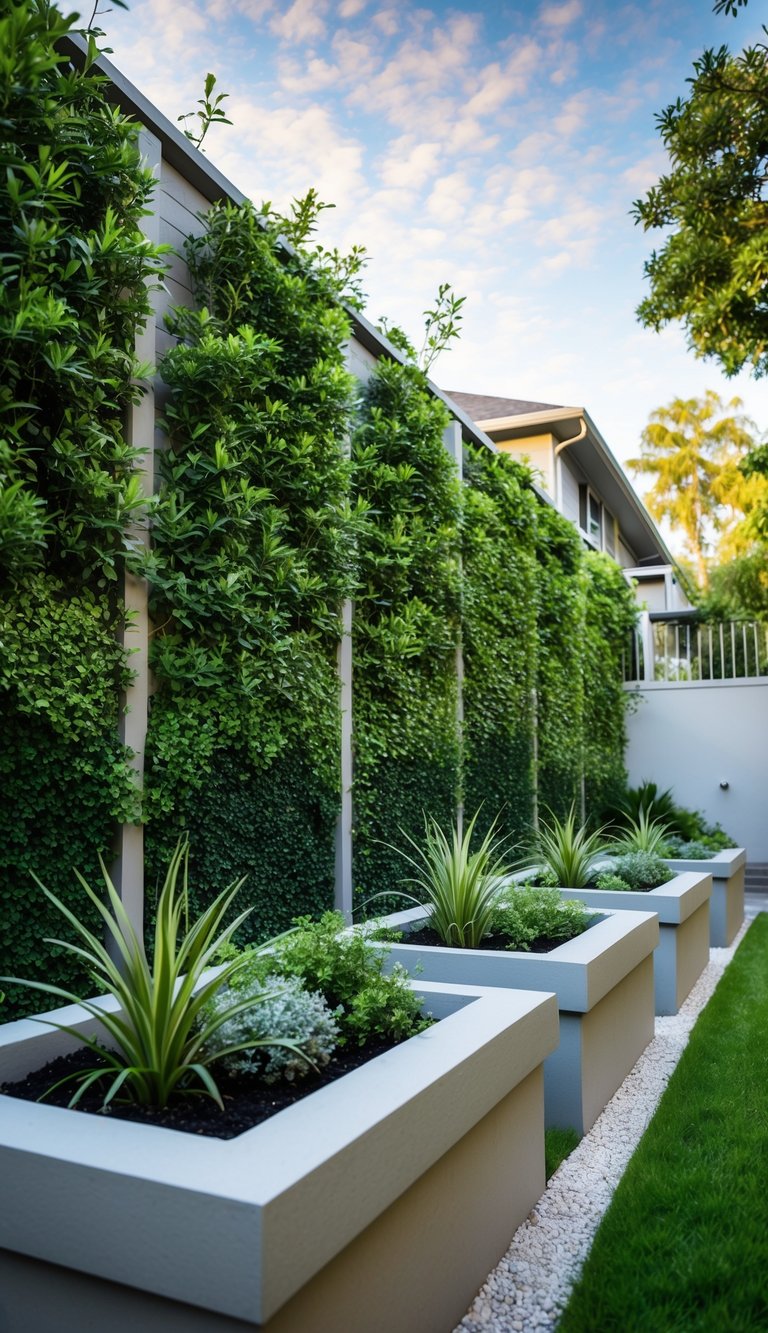 A tall garden wall with planters filled with lush greenery separates two houses, providing privacy and creating a serene landscaping feature